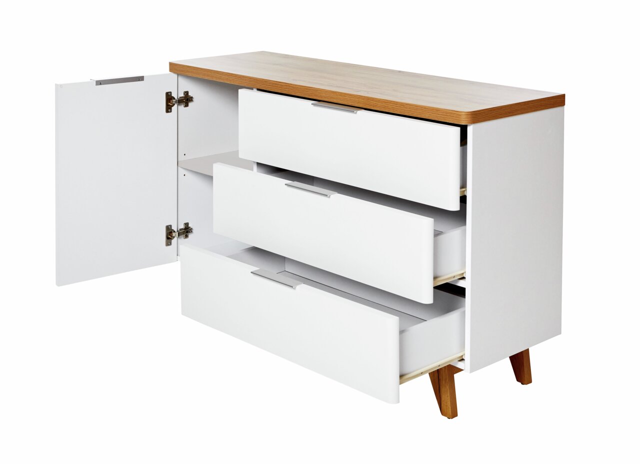 Jahnke Kommode LIBRE Weiße Kommode mit drei offenen Schubladen und einer offenen Tür, Holzoberfläche, seitliche Perspektive