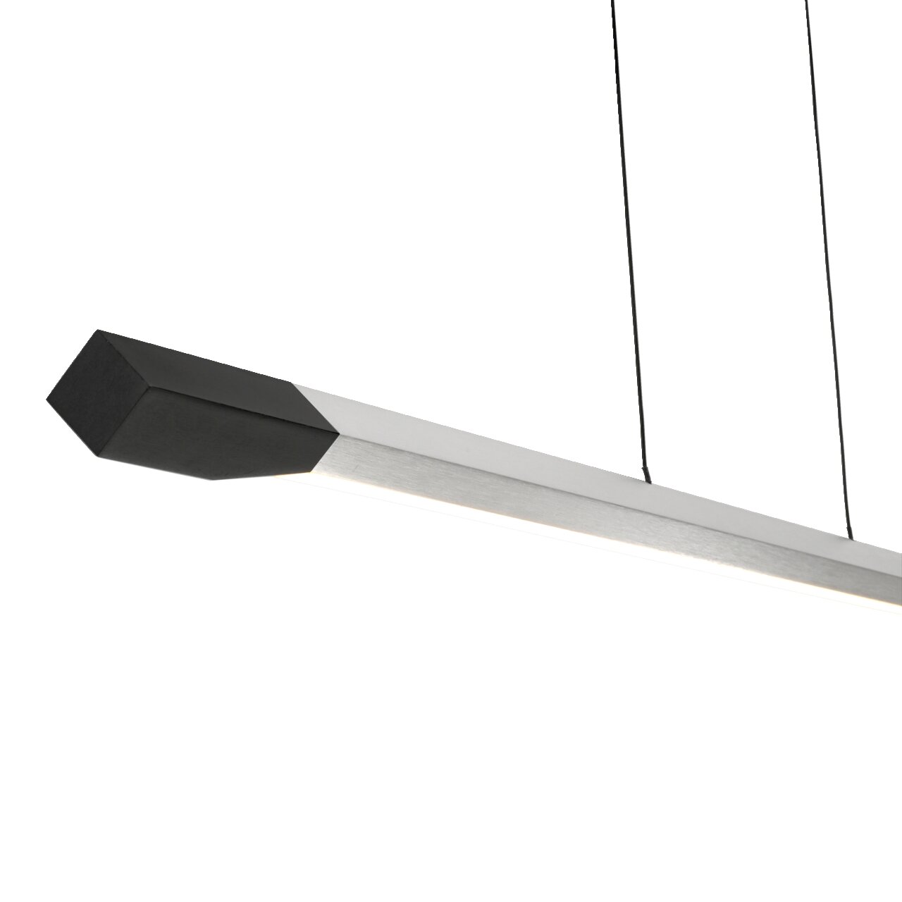 Moderne LED-Pendelleuchte in seitlicher Perspektive, mit schlankem, rechteckigem Design und schwarzem Endstück.