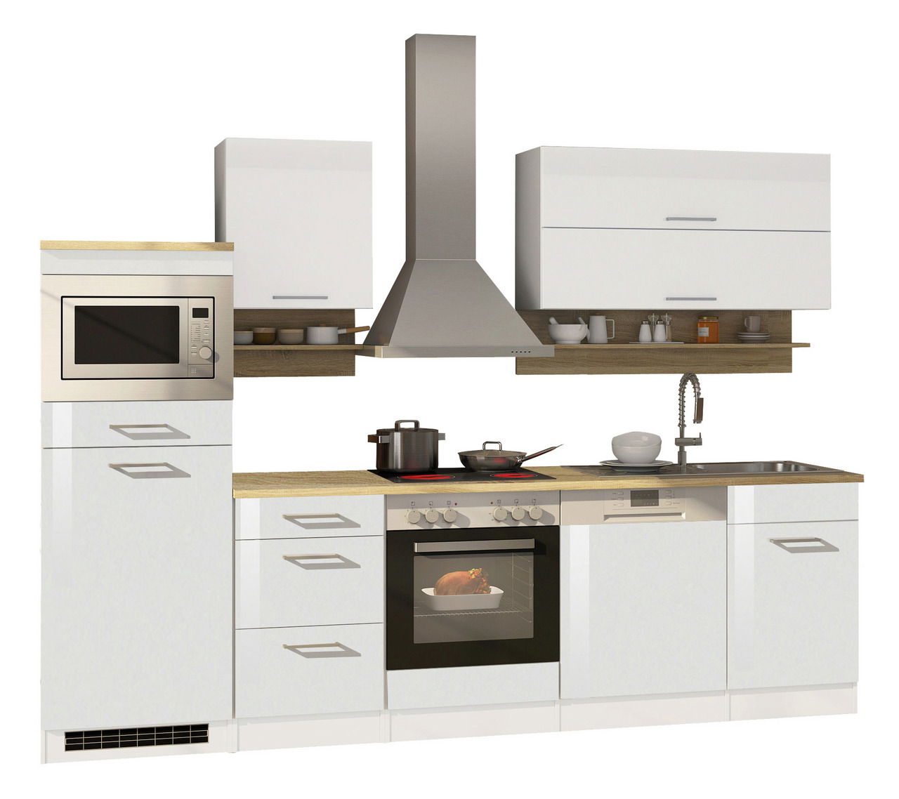 Held Möbel Küchenzeile MAILAND Moderne Küchenzeile mit Mikrowelle, Herd, Dunstabzugshaube und Spüle, frontal betrachtet.