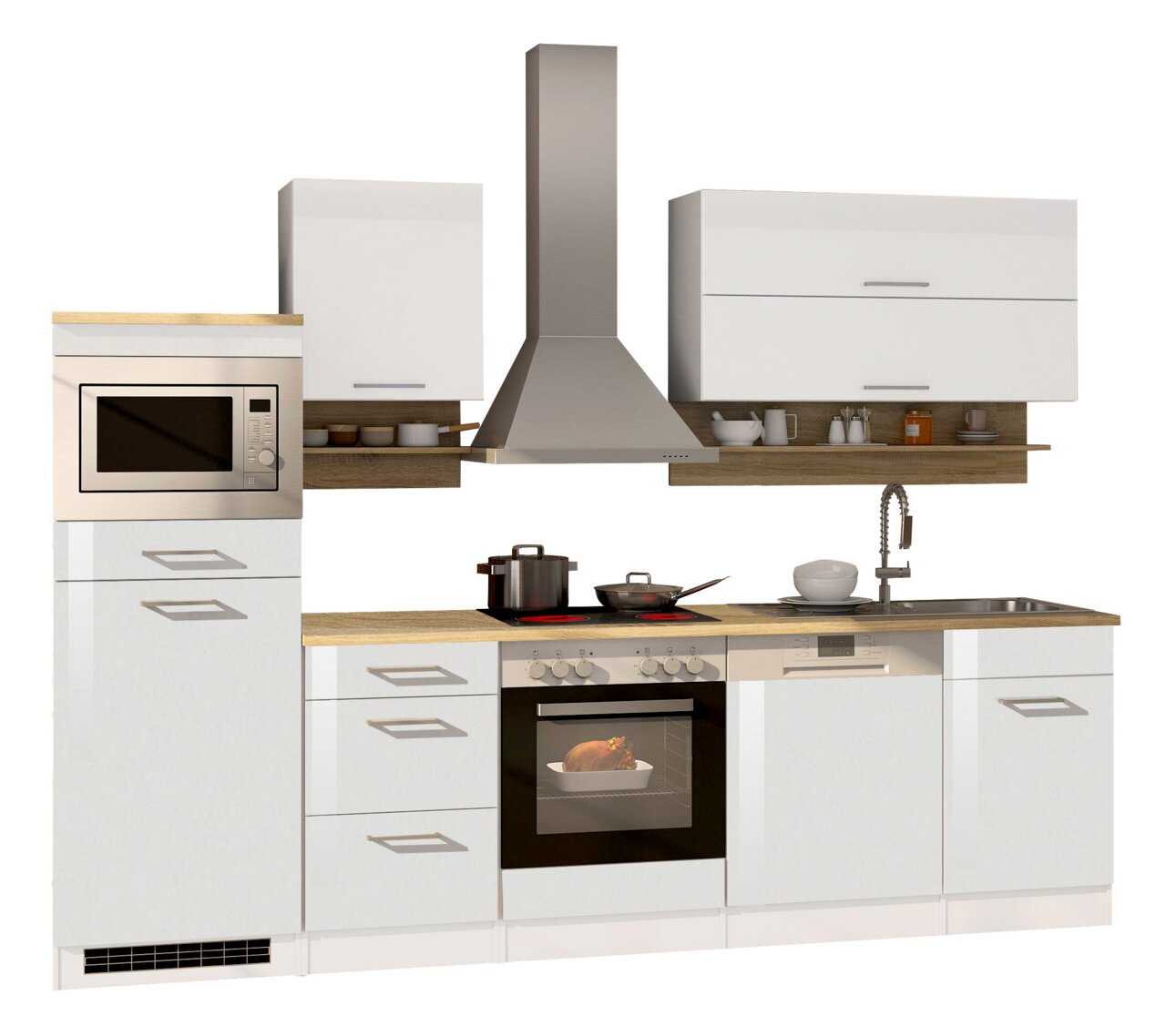 Held Möbel Küchenzeile MAILAND Moderne Küchenzeile mit Mikrowelle, Herd, Dunstabzugshaube und Spüle, frontal betrachtet.