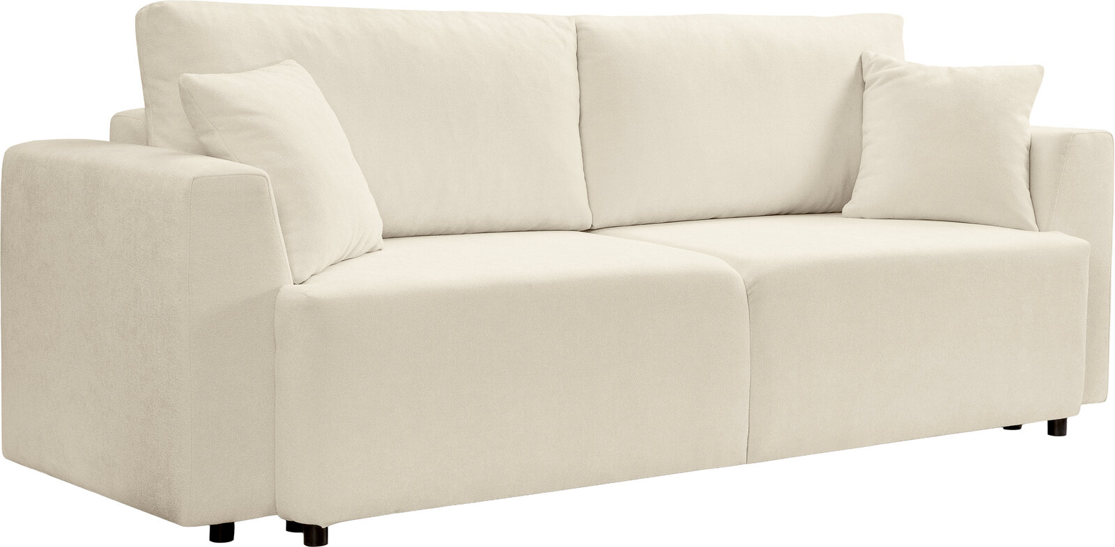 MID.YOU Schlafsofa POINT Cremefarbenes 2-Sitzer-Sofa mit breiten Armlehnen, zwei großen Rückenkissen und zwei Zierkissen, freigestellt auf weißem Hintergrund, in frontaler Ansicht mit leichter Perspektive von links