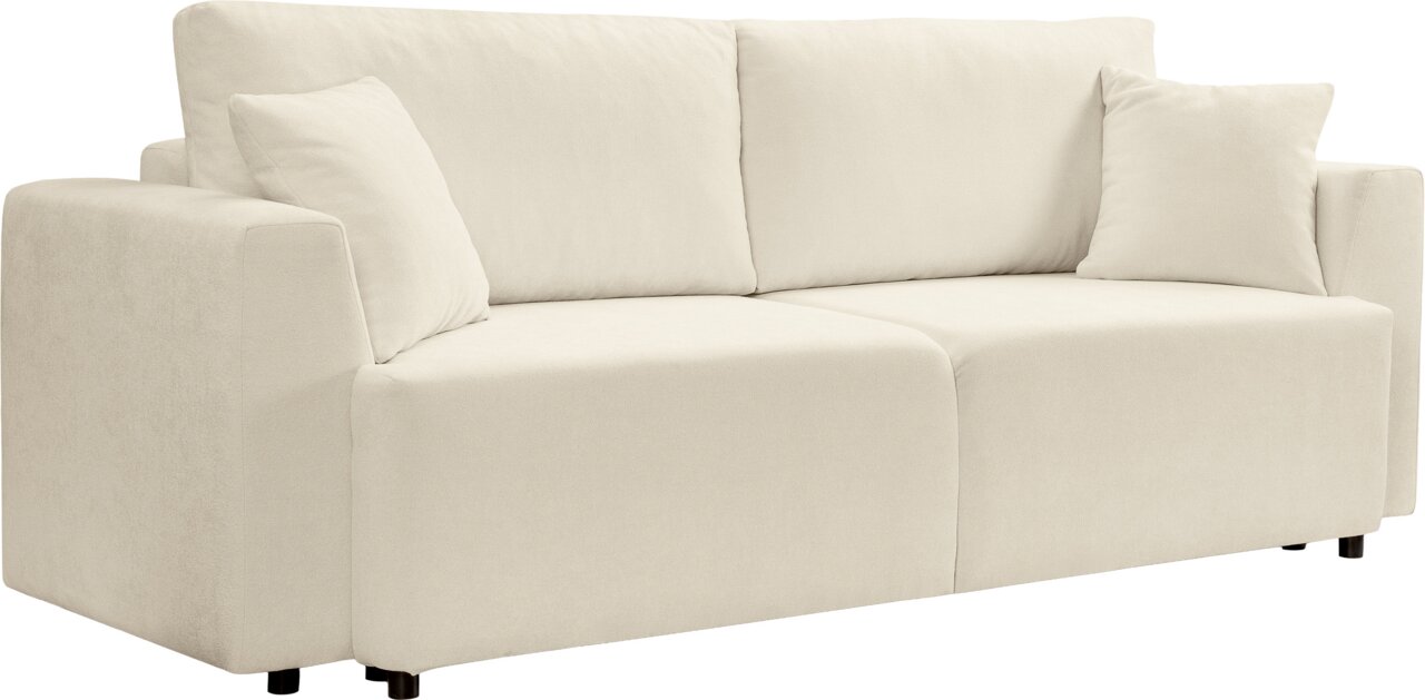 MID.YOU Schlafsofa POINT Cremefarbenes 2-Sitzer-Sofa mit breiten Armlehnen, zwei großen Rückenkissen und zwei Zierkissen, freigestellt auf weißem Hintergrund, in frontaler Ansicht mit leichter Perspektive von links