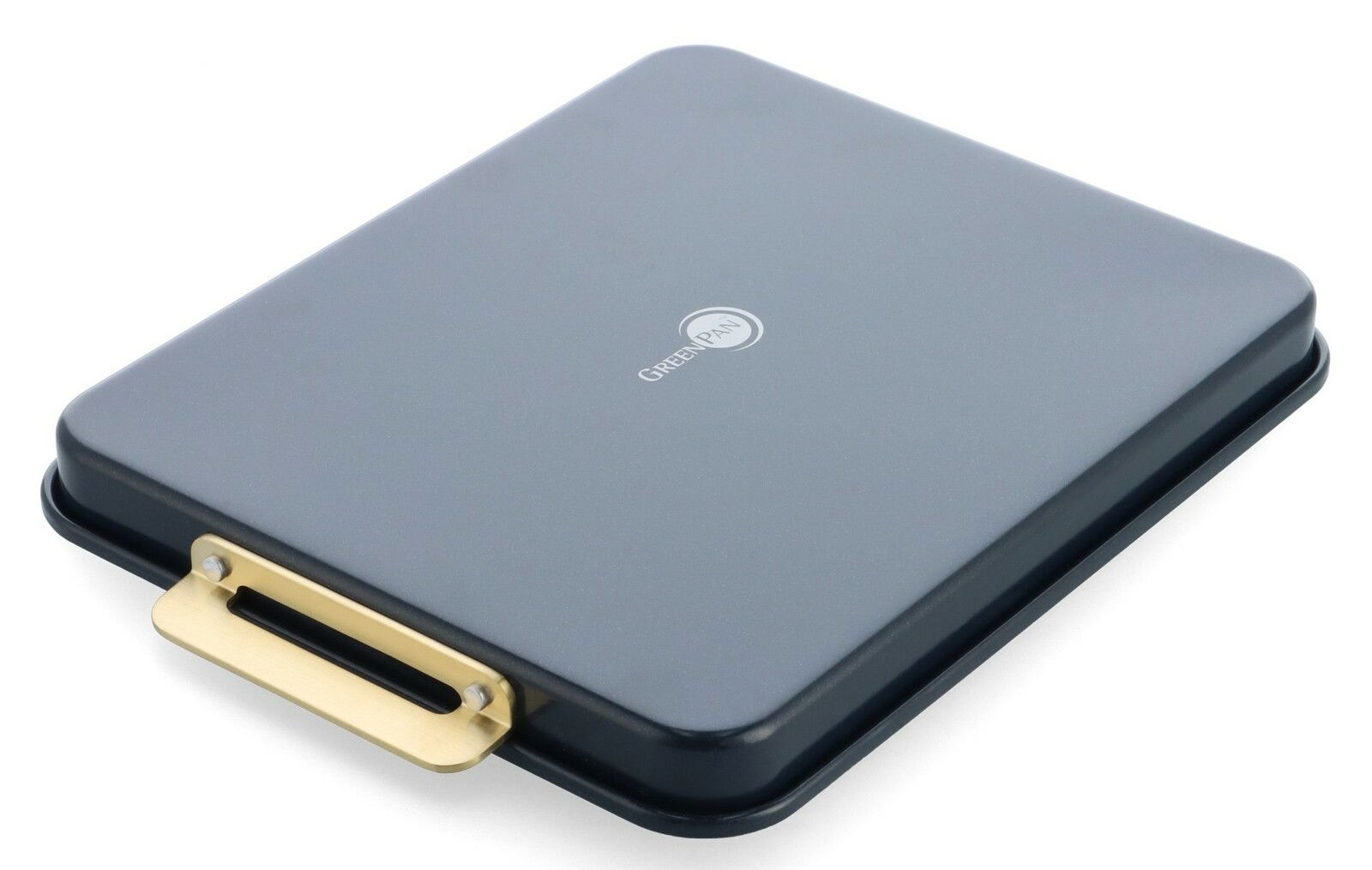 Backform mit grauer Oberfläche und goldfarbenem Griff, aus seitlicher Perspektive fotografiert.