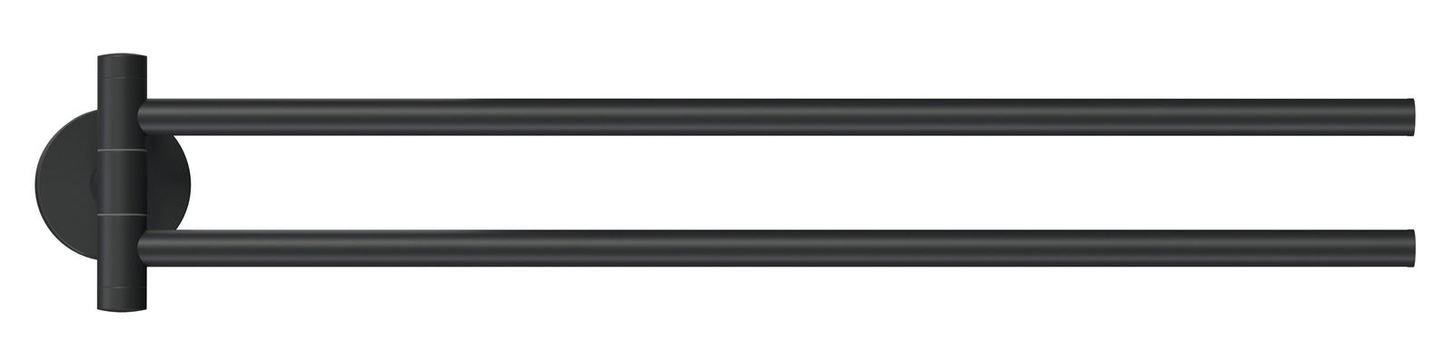 Schwarzer Handtuchhalter mit zwei parallelen Stangen, seitliche Ansicht.