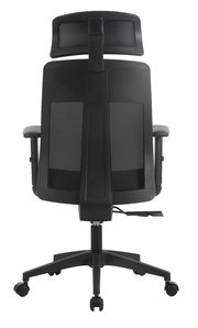 Rückansicht eines schwarzen Drehstuhls mit Netzrückenlehne und verstellbarer Kopfstütze.