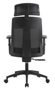 Rückansicht eines schwarzen Drehstuhls mit Netzrückenlehne und verstellbarer Kopfstütze.