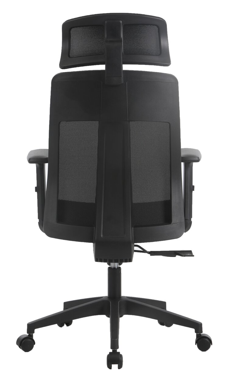 Rückansicht eines schwarzen Drehstuhls mit Netzrückenlehne und verstellbarer Kopfstütze.