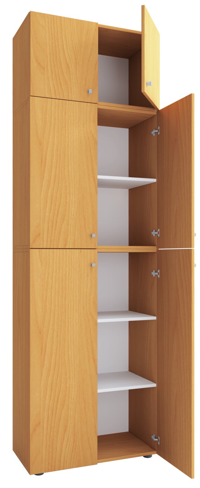 VCM Kleiderschrank LONA Hoher Holzschrank in heller Holzoptik mit geöffneten Türen und mehreren weißen Einlegeböden, freigestellt vor weißem Hintergrund, perspektivisch in leichter Schrägansicht von vorn