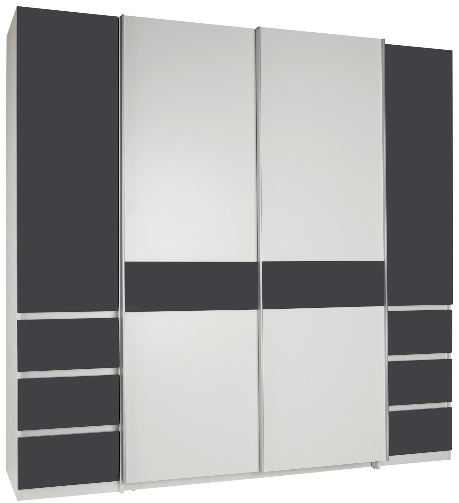 Z2 Dreh-/Schwebetürenschrank 4trg FABIO Moderner Dreh- und Schwebetürenschrank mit vier Türen in Weiß und Dunkelgrau, frontal abgebildet.