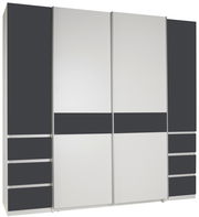 Moderner Dreh- und Schwebetürenschrank mit vier Türen in Weiß und Dunkelgrau, frontal abgebildet.