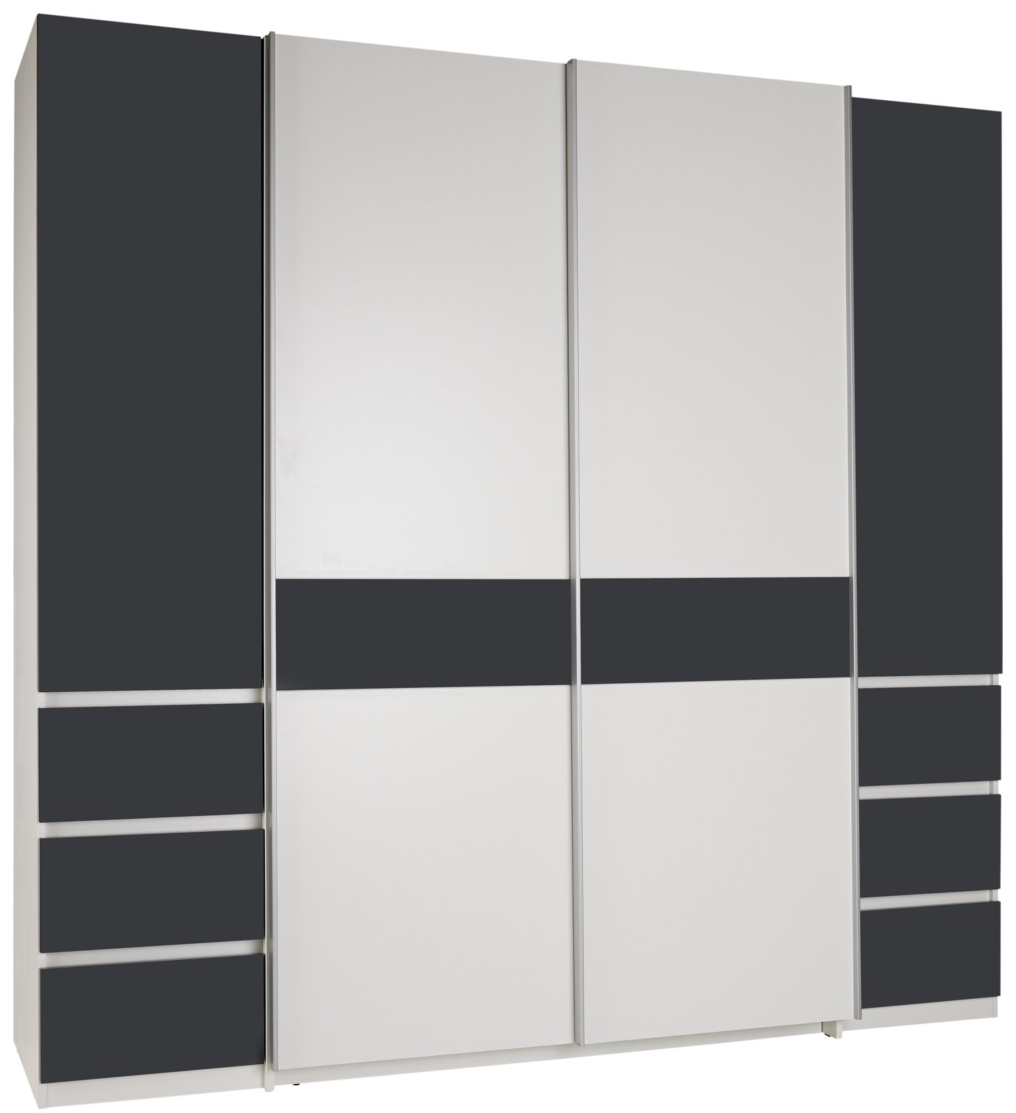 Z2 Dreh-/Schwebetürenschrank 4trg FABIO Moderner Dreh- und Schwebetürenschrank mit vier Türen in Weiß und Dunkelgrau, frontal abgebildet.