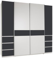 Moderner Dreh- und Schwebetürenschrank mit vier Türen in Weiß und Dunkelgrau, frontal abgebildet.