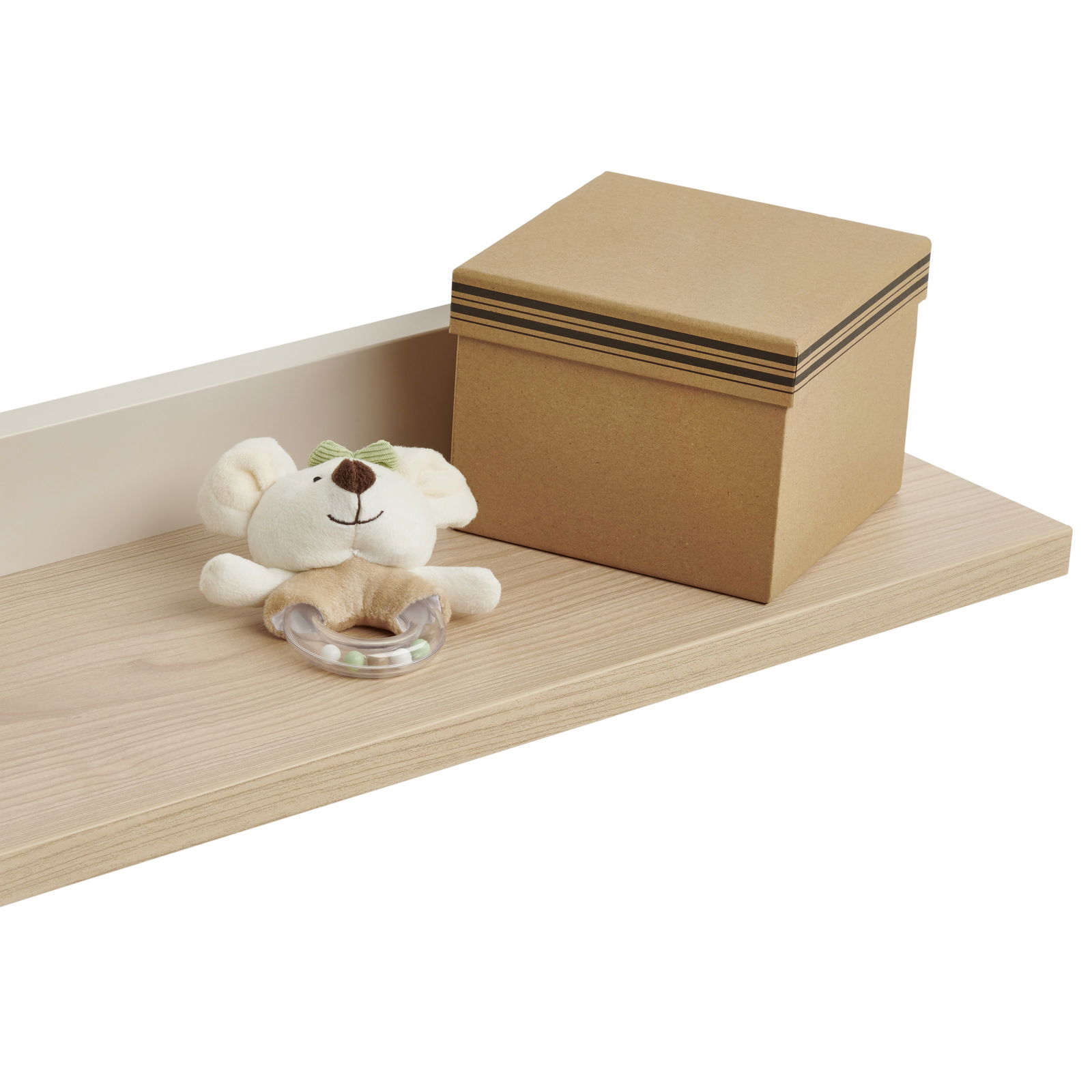 Wandregal aus hellem Holz mit einer braunen Box und einem Plüschtier, seitliche Perspektive