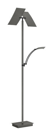 Moderne Stehleuchte ANDY mit zwei rechteckigen Lampenschirmen und flexiblem Lesearm, seitliche Perspektive.