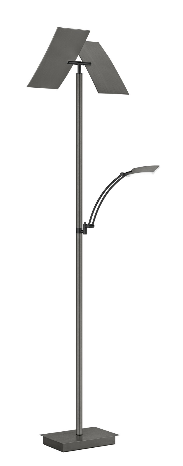 Moderne Stehleuchte ANDY mit zwei rechteckigen Lampenschirmen und flexiblem Lesearm, seitliche Perspektive.