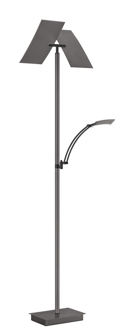 Hell Stehleuchte ANDY Moderne Stehleuchte ANDY mit zwei rechteckigen Lampenschirmen und flexiblem Lesearm, seitliche Perspektive.