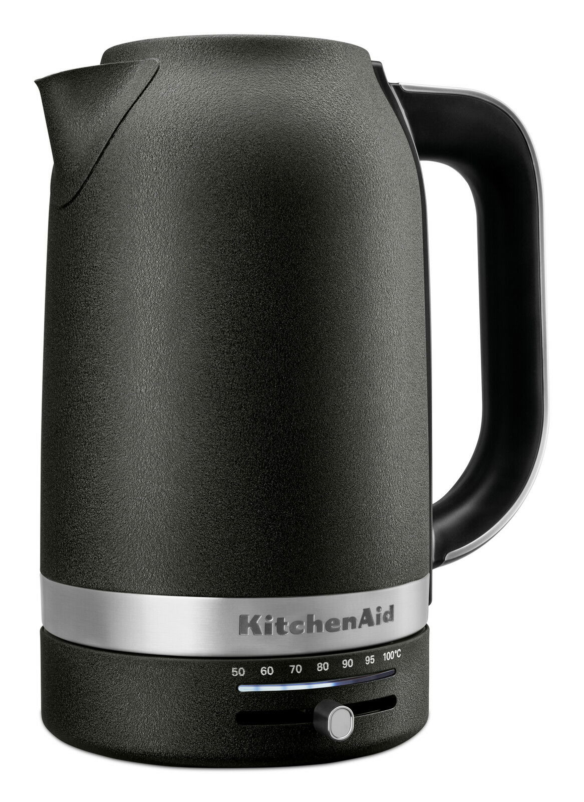 Schwarzer Wasserkocher mit 1,7 Liter Fassungsvermögen, seitliche Ansicht mit Temperaturanzeige und Griff.