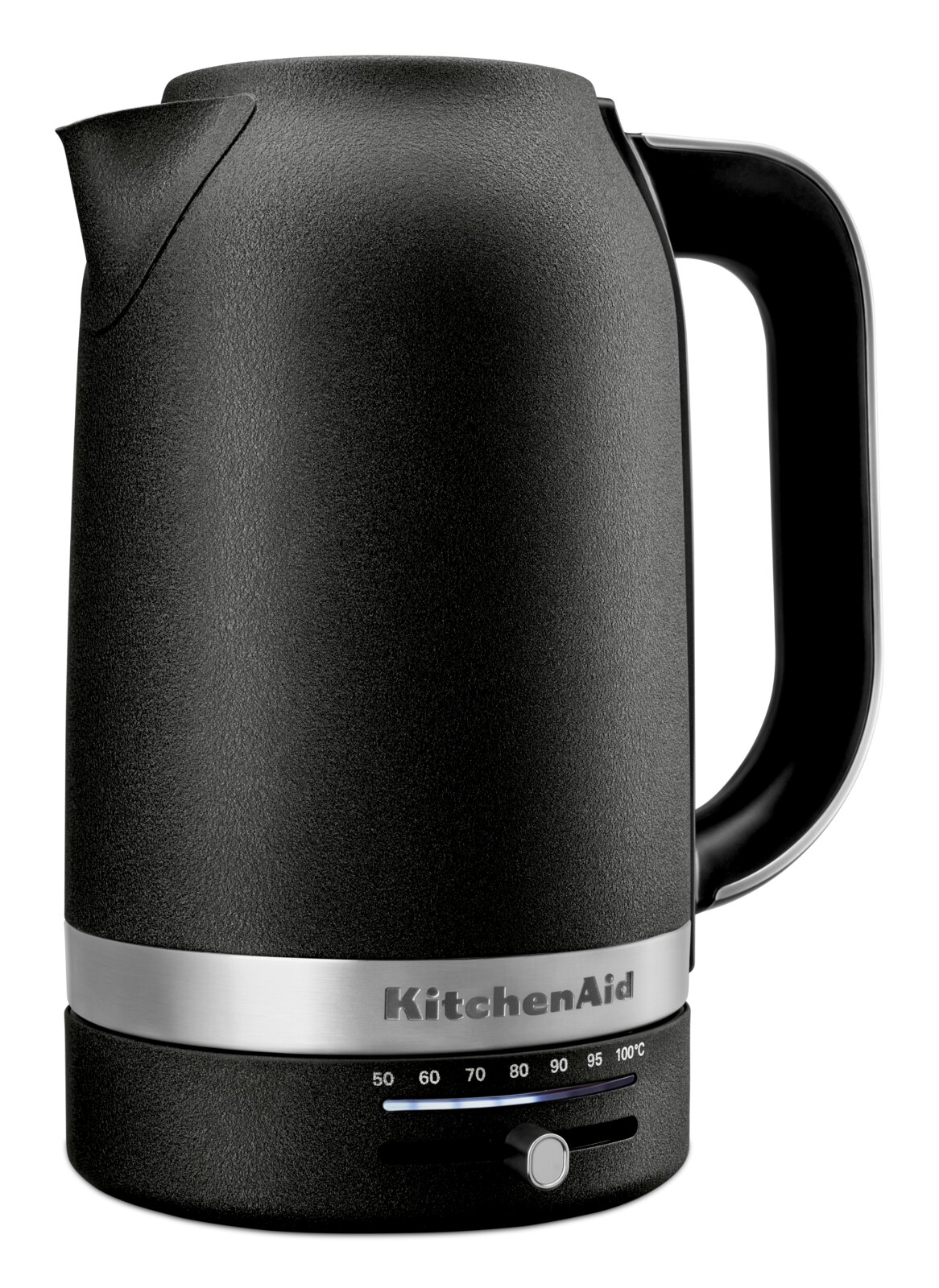 Zwarte waterkoker met een inhoud van 1,7 liter, zijaanzicht met temperatuurweergave en handvat.