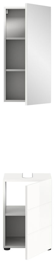 Zwei weiße Badschränke der Serie MID.YOU VIRA, einer mit offenem Regal und der andere mit einer Tür, aus der Perspektive leicht von vorne betrachtet.