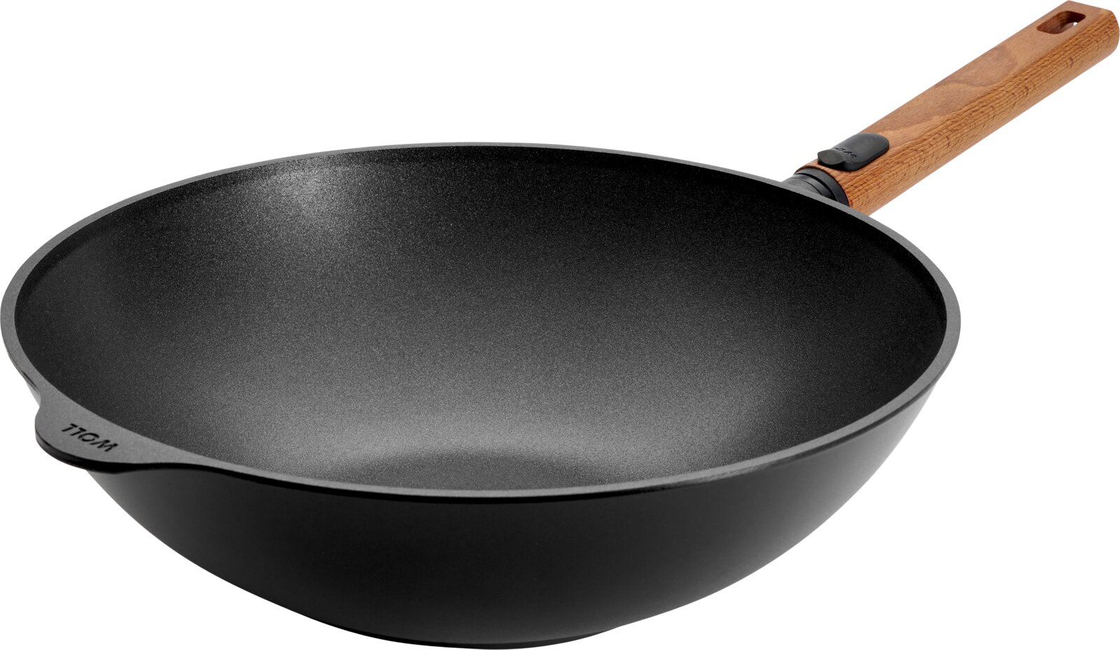 Guss-Wok 32cm mit Holzgriff, seitliche Perspektive