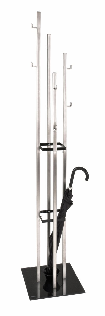 Moderner Garderoben-Schirmständer aus Metall mit mehreren Haken und einem integrierten Schirmhalter, frontal abgebildet.