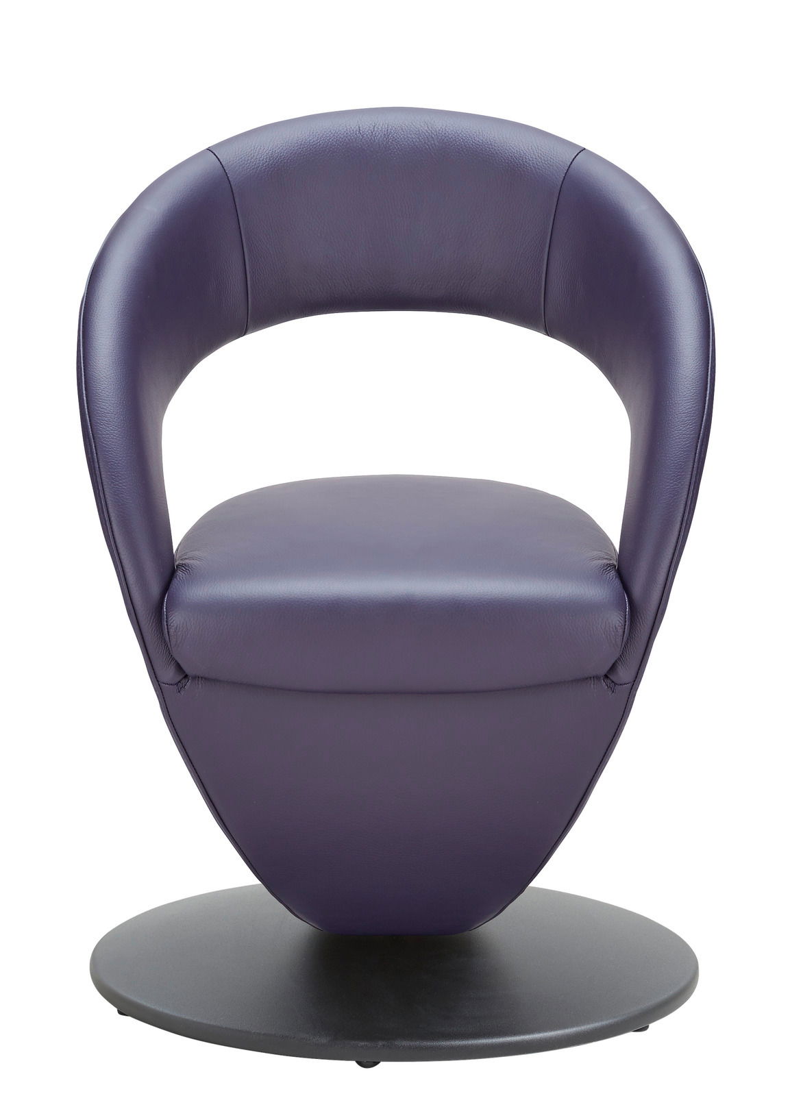 Moderner, lila Sessel mit runder Rückenlehne und schwarzem Sockel, Frontalansicht