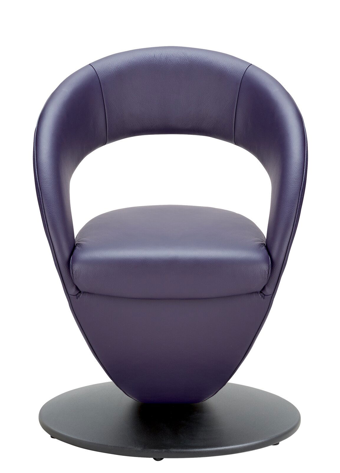 Moderner, lila Sessel mit runder Rückenlehne und schwarzem Sockel, Frontalansicht