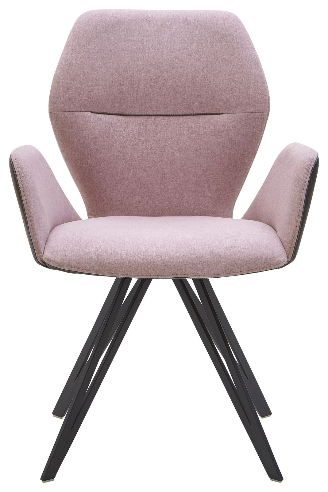 Frontansicht eines modernen Armlehnenstuhls mit rosa Polsterung und schwarzen Metallbeinen.