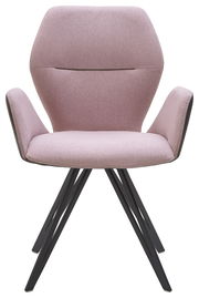 Frontansicht eines modernen Armlehnenstuhls mit rosa Polsterung und schwarzen Metallbeinen.