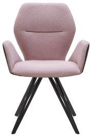 Frontansicht eines modernen Armlehnenstuhls mit rosa Polsterung und schwarzen Metallbeinen.