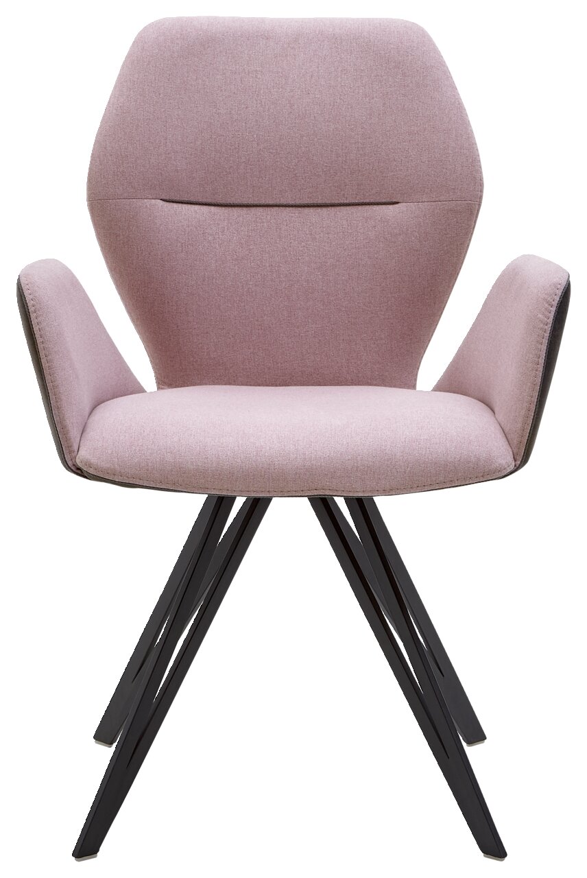 Valnatura Armlehnenstuhl PIANO Frontansicht eines modernen Armlehnenstuhls mit rosa Polsterung und schwarzen Metallbeinen.