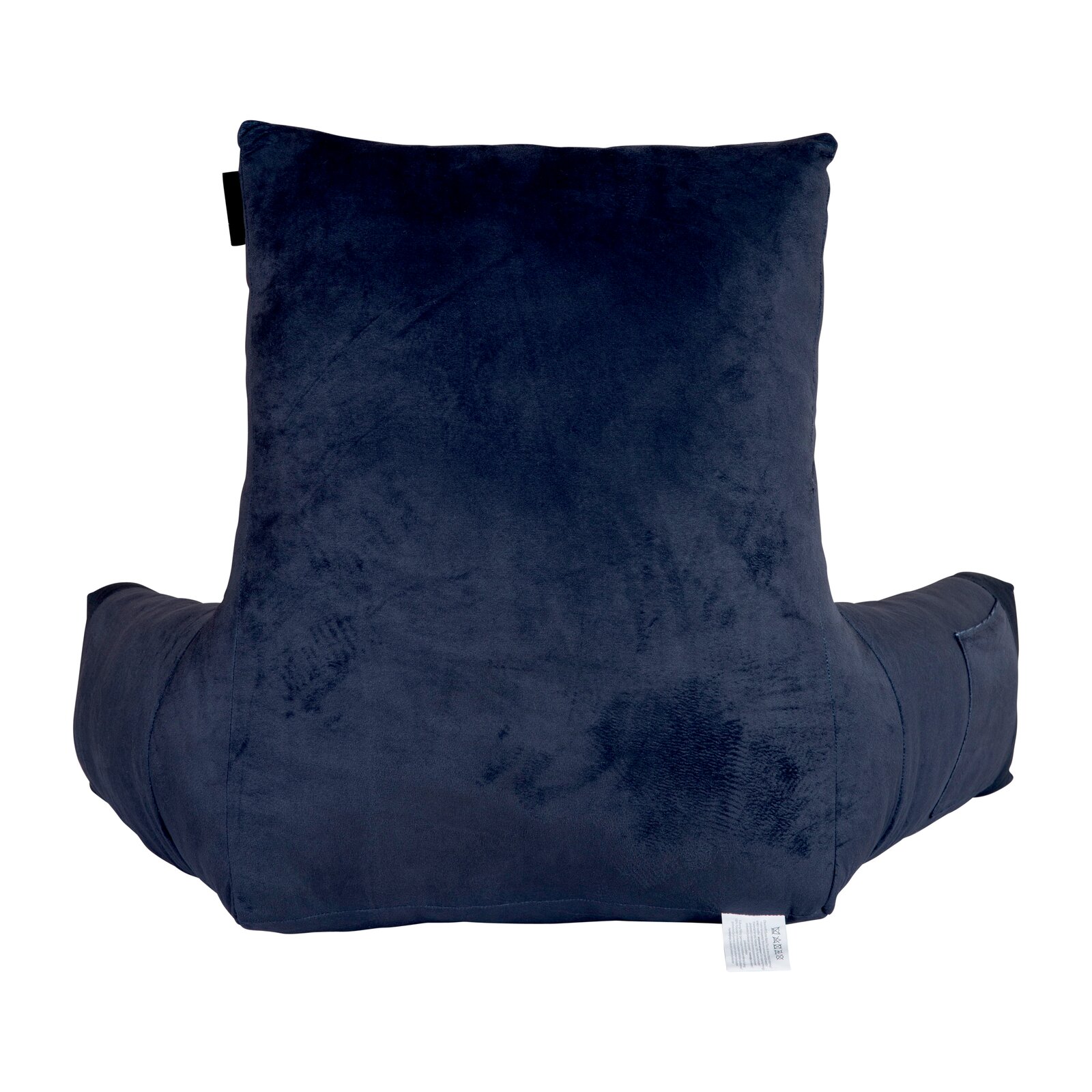 Dunkelblaues, samtiges Rückenstützkissen mit seitlichen Armlehnen, freigestellt auf weißem Hintergrund, Frontansicht.