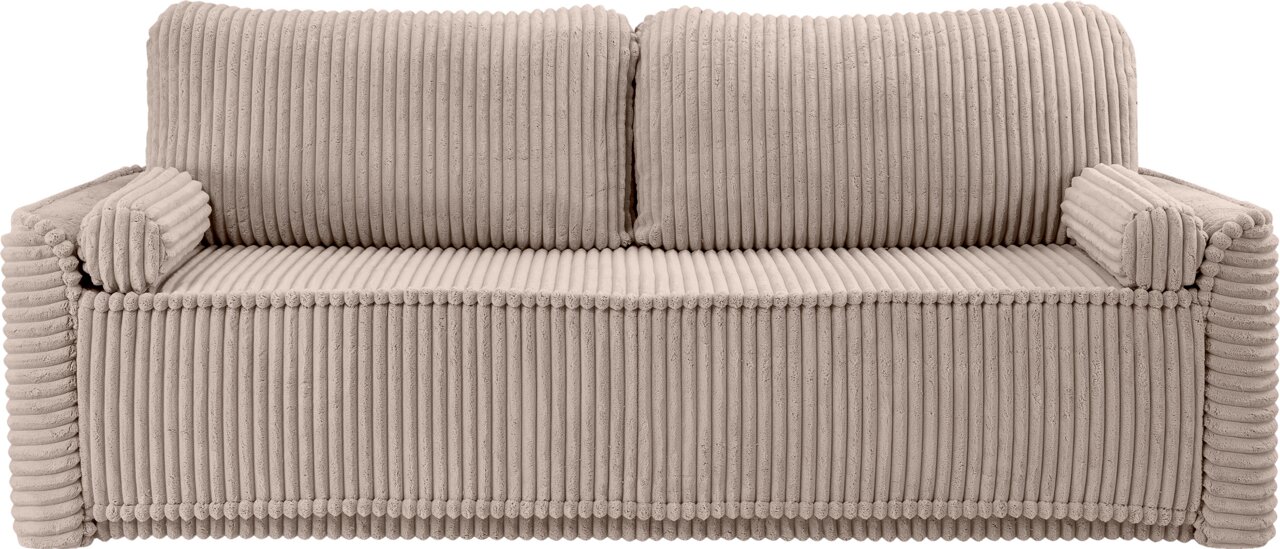 Frontale Ansicht eines beigen Schlafsofas mit geripptem Stoffbezug und zwei Rückenkissen.