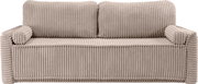 Frontale Ansicht eines beigen Schlafsofas mit geripptem Stoffbezug und zwei Rückenkissen.