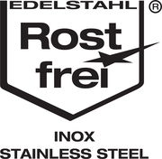 Logo für Edelstahl, rostfrei, mit der Aufschrift 'Edelstahl Rostfrei INOX Stainless Steel', frontal betrachtet.