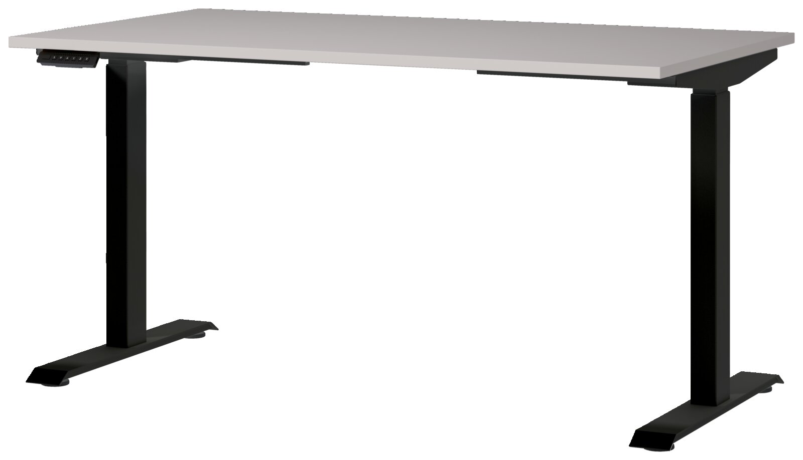 Moderner E-Schreibtisch 140x80 cm mit schwarzem Gestell und grauer Tischplatte, seitliche Perspektive