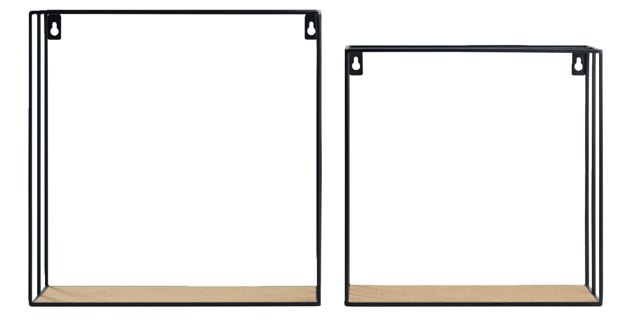 Zwei Wandregale im Set, rechteckig, mit schwarzem Metallrahmen und Holzablage, frontal betrachtet.