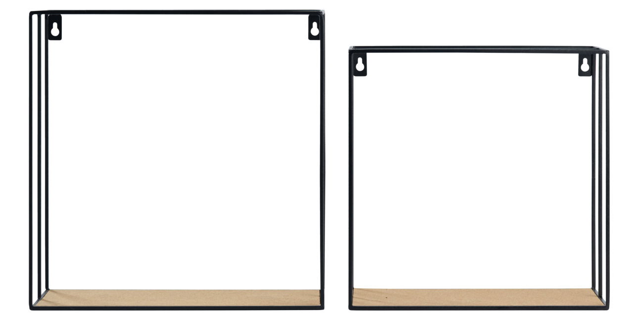 Zwei Wandregale im Set, rechteckig, mit schwarzem Metallrahmen und Holzablage, frontal betrachtet.