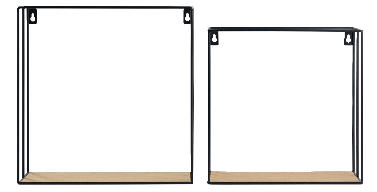Twee wandplanken in een set, rechthoekig, met een zwart metalen frame en een houten plank, gezien vanaf de voorkant.