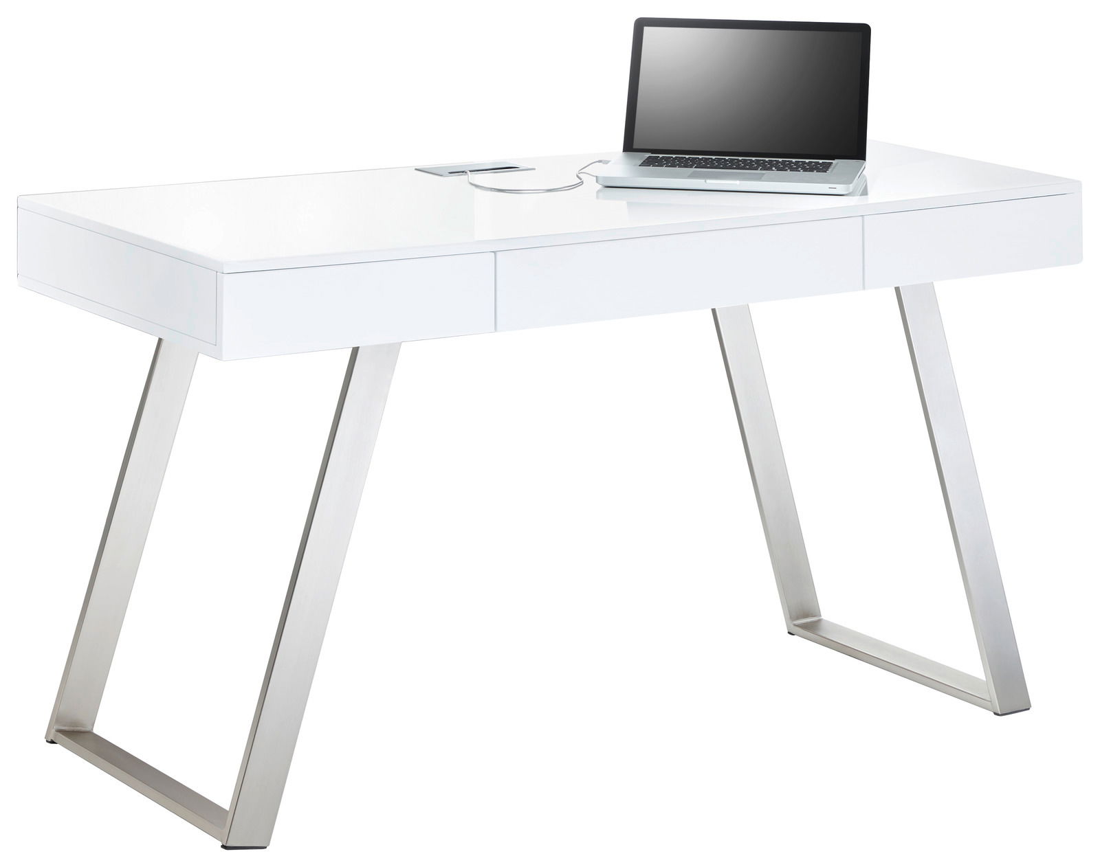 Moderner weißer Schreibtisch mit schrägen Metallbeinen und einem Laptop darauf, seitliche Perspektive