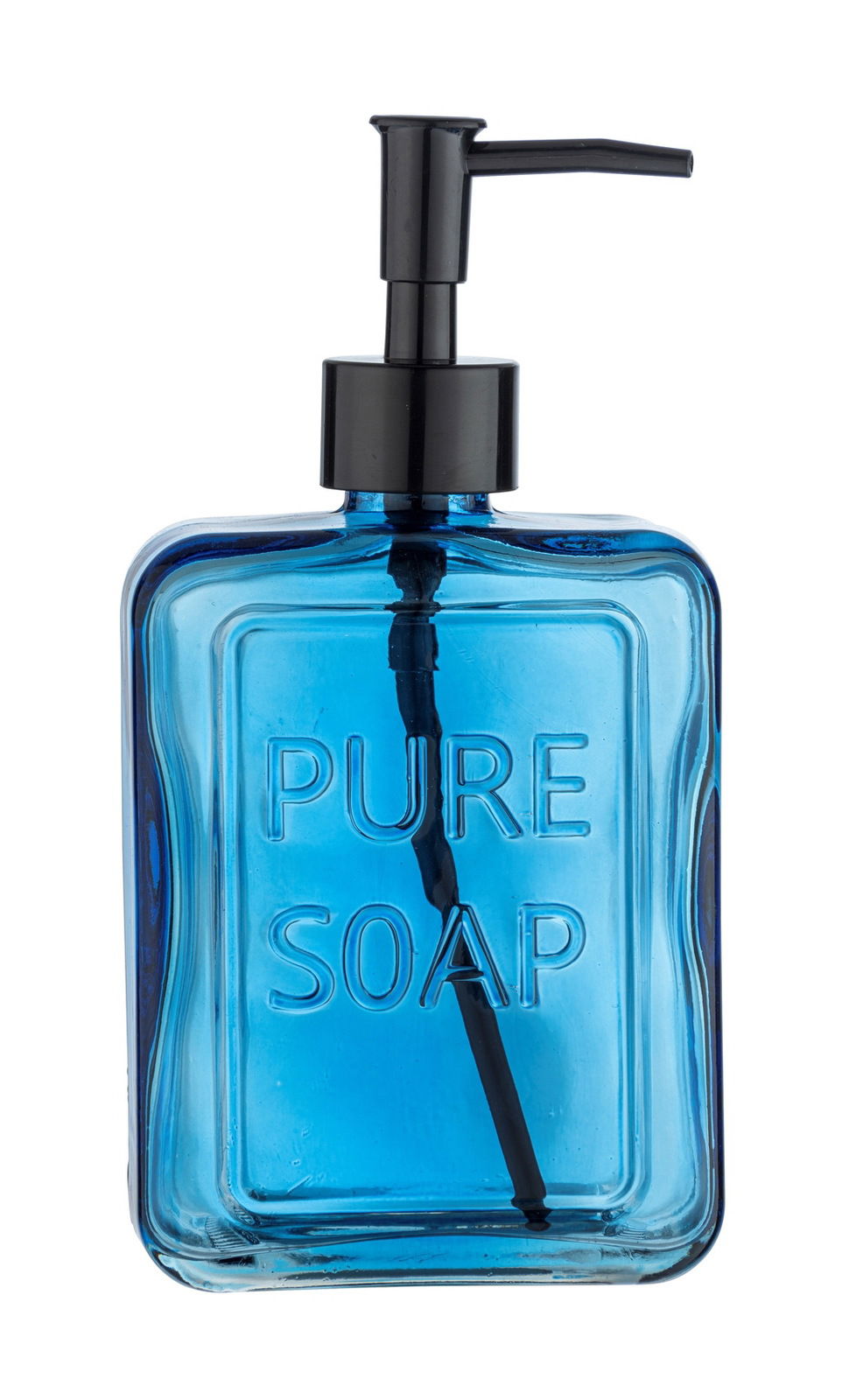 Blauer Seifenspender mit der Aufschrift 'PURE SOAP', frontal abgebildet.