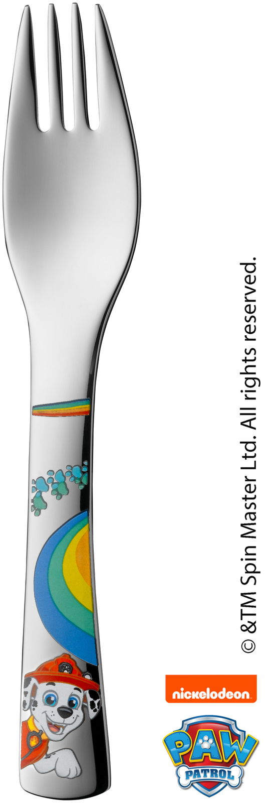 Kinder-Gabel mit Paw Patrol Design, zeigt einen fröhlichen Dalmatiner-Welpen in Feuerwehruniform auf dem Griff, Vorderansicht.