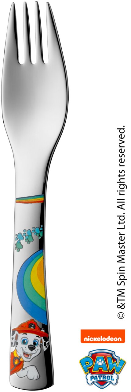 Kinder-Gabel mit Paw Patrol Design, zeigt einen fröhlichen Dalmatiner-Welpen in Feuerwehruniform auf dem Griff, Vorderansicht.