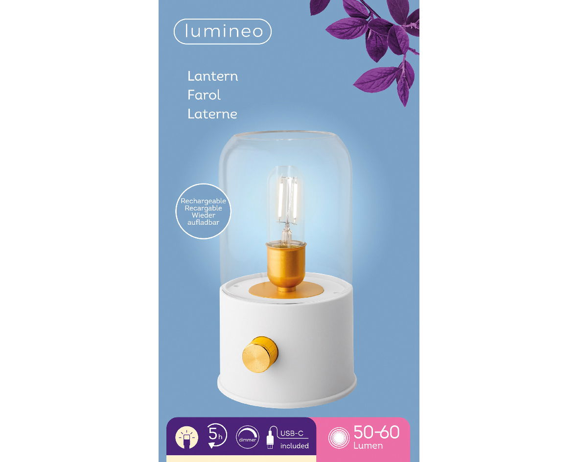 LED-Laterne mit wiederaufladbarer Funktion, USB-C-Anschluss und dimmbarer Helligkeit, frontal abgebildet.