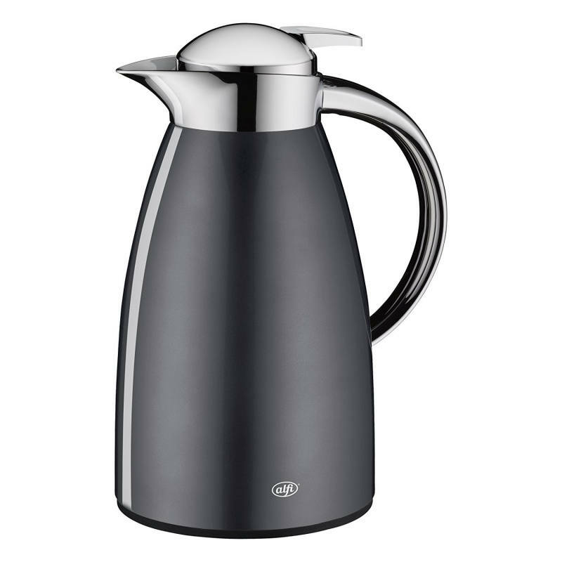 Schwarze Isolierkanne mit glänzendem Chromdeckel und -griff, seitliche Ansicht