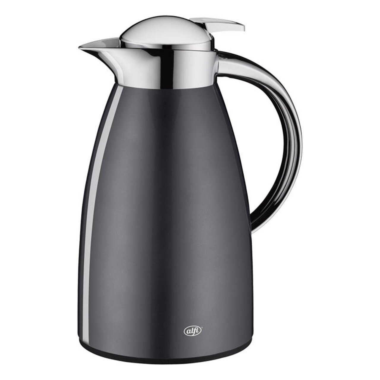 Alfi Isolierkanne Schiefer 1L Schwarze Isolierkanne mit glänzendem Chromdeckel und -griff, seitliche Ansicht