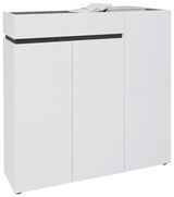 Moderner XL-Schuhschrank mit drei Türen und einer Schublade in Weiß, seitliche Perspektive