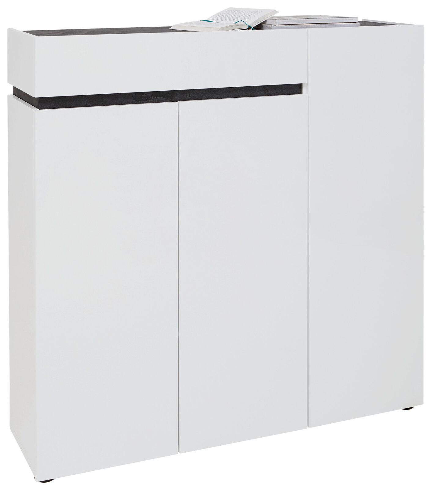 Moderner XL-Schuhschrank mit drei Türen und einer Schublade in Weiß, seitliche Perspektive