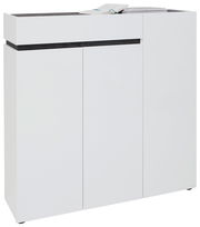 Moderner XL-Schuhschrank mit drei Türen und einer Schublade in Weiß, seitliche Perspektive