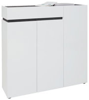 Moderner XL-Schuhschrank mit drei Türen und einer Schublade in Weiß, seitliche Perspektive